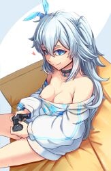 1girls blue_eyes blue_hair blush bottomless breasts breasts_out choker closed_mouth couch feet_out_of_frame female female_only girls&#039;_frontline hair_ribbon heart-shaped_pupils long_hair looking_at_viewer nipple_slip nipples pa-15_(girls&#039;_frontline) pajamas senpaihawkkun shirt_down sitting small_breasts smile video_game_controller