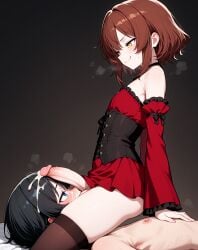 2boys after_fellatio after_oral after_orgasm after_sex ai_generated balls balls_on_face balls_sucking bare_shoulders black_hair blue_eyes blush brown_hair corset crossdressing cum cum_drip cum_on_face detached_sleeves domination dress embarrassed facial femboy femboydom gay girly humiliation looking_at_another male male_only maledom nude nude_male on_bed otoko_no_ko penis penis_on_face plain_background smiling smug thighhighs trap yaoi yellow_eyes