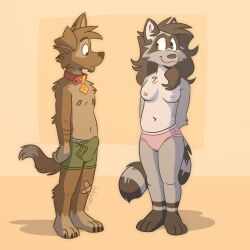 anthro bandage boxer_briefs breasts bulge canid canine canis claws clothed clothing collar domestic_dog duo erection female fuzzy green_clothing green_underwear hair hi_res looking_at_another male male/female mammal matt_riskely navel nipples panties pink_clothing pink_underwear procyonid raccoon riley_(tinydeerguy) shy standing tenting tinydeerguy topless underwear underwear_only
