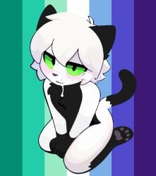absurd_res after_oral anthro black_body black_ears black_fur black_fur_markings black_tail blizzardfur blizzardfur-maxxx blush bodily_fluids cum cum_in_mouth cum_inside cum_on_face domestic_cat eyelashes felid feline felis fur genital_fluids green_eyes hi_res kneeling lgbt_pride male mammal paws pride_colors solo tail vincian_pride_colors white_body white_fur