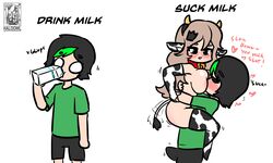 1boy 1boy1girl 1girls arctic_(arcticfoxlabs) blush breast_sucking breasts cow_girl cow_print cow_print_thighhighs cute elbow_gloves glasses gloves haloowl lactation milk queen_(someone750) tail thighhighs upright_straddle