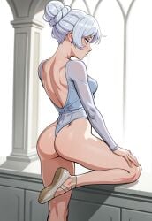 1girls ai_generated ass ass_focus ballet_slippers blue_eyes breasts dimples_of_venus dsp female female_only hair_bun leotard light-skinned_female ponytail rwby solo tagme tiara weiss_schnee white_hair