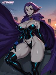 ai_generated artoonizer big_ass big_breasts blush cloak corset curvy dc dc_comics female footwear gloves heroine jewel_on_forehead large_breasts latex latex_gloves latex_legwear leather leather_clothing light-skin light-skinned_female lipstick looking_at_viewer narrow_waist outdoors patreon patreon_username posing purple_eyes purple_hair rachel_roth raven_(dc) rooftop sagging_breasts short_hair smile solo solo_focus sunset superheroine teen_titans thick_thighs thigh_boots thighhighs thighs tight_clothing underwear wind
