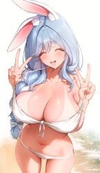 1girls absurdres animal_ear_fluff animal_ears bikini blue_hair braid breasts double-parted_bangs double_v highres hololive huge_breasts mature_female milf mole mole_on_breast multicolored_hair navel pekomama prab smile standing swimsuit tan tanlines teeth thick_eyebrows two-tone_hair upper_teeth_only v white_bikini white_hair