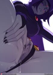 anus artist_name biting_own_lip black_leotard black_thong blush breasts cape censored chrysalisdraws clitoris colored_pussy colored_skin covered_nipples dc_comics female fingernails forehead_jewel from_below gem grey_skin hand_on_own_thigh highleg highres image_sample knees_out_of_frame large_breasts leotard looking_at_viewer mosaic_censoring patreon_logo patreon_sample patreon_username purple_cape purple_eyes purple_hair purple_hood pussy_juice raven_(dc) red_gemstone shade sharp_fingernails short_hair simple_background smile solo spread_pussy spreading_own_pussy thighs white_background