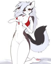 1girls 4_fingers anthro biped bite biting_lip black_nose blush bra breasts canid canid_demon canine clothing collarbone demon embarrassed female fingers fluffy fluffy_tail fur furry genitals grey_body grey_fur grey_hair hair hand_on_breast hellhound helluva_boss hi_res humanoid_genitalia humanoid_pussy kneeling looking_at_viewer loona_(helluva_boss) mammal multicolored_body multicolored_fur mythological_canine mythological_creature mythology naked naked_female navel no_panties nude nude_anthro nude_female on_knees pawpads paws pink_pawpads pussy red_bra red_clothing red_sclera red_underwear sleepyhelen solo tail teeth two_tone_body two_tone_fur underwear white_body white_fur wolf wolf_ears wolf_girl wolf_tail