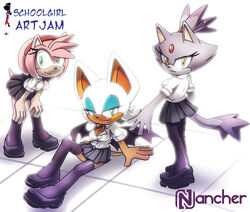 amy_rose blaze_the_cat fully_clothed nancher rouge_the_bat school_uniform schoolgirl sonic_(series) sonic_the_hedgehog_(series)