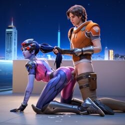 age_difference ai ai_generated blizzard_entertainment blue_hair blue_skin bodysuit brian_(overwatch) city cum cum_in_pussy cum_inside cum_on_floor doggy_style doggy_style fucked_from_behind gloves milf night night_sky older_female overwatch pulling_hair tattoos widowmaker younger_male