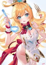 1girls apron apron_only artist_request breasts chef_hat escoffier_(genshin_impact) female female_focus female_only genshin_impact hat hi_res kumokoneko ladle large_breasts light-skinned_female light_skin looking_at_viewer solo thighhighs thighs white_background wide_hips