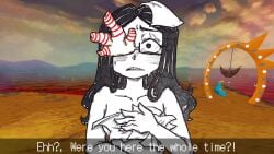 blush breasts coral_glasses covering covering_breasts dream_bbq embarrassed embarrassed_nude_female ena_(series) enf english_text female glasses looking_at_viewer naked naked_glasses nude solo solo_female sweat talking_to_viewer text veelathekitsune