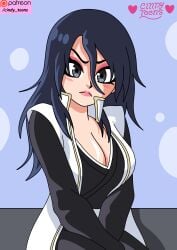 big_breasts black_hair bleach bleach:_sennen_kessen-hen bleach:_the_thousand-year_blood_war blue_eyes blush blush_lines breast breasts byakuya_kuchiki captain_(bleach) cindy_toons embarrassed embarrassed_expression gender_bender kuchiki_byakuya lipstick long_hair makeup neckline pink_lipstick pink_makeup rule_63 shinigami_(bleach) shinigami_uniform white_cape