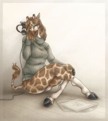 2022 anthro bedroom_eyes bottomless brown_body brown_fur brown_hair clothed clothing cloven_hooves crossed_legs electronics female fur genitals giraffe giraffid gracey_halvenka green_eyes hair hand_on_knee hand_on_leg headphones hi_res holding_object hooves horn looking_at_viewer mammal markings narrowed_eyes nipple_outline ossicone pussy record s00t seductive smile solo spots spotted_markings sweater sweater_only tail tail_tuft tan_body tan_fur topwear topwear_only tuft turtleneck vinyl vinyl_record