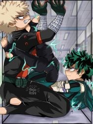 2boys angiereart bakudeku bakugou_katsuki blonde_hair boku_no_hero_academia bones_(company) bones_(studio) box cube curly_hair deku feet foot_on_another's_face freckles green_eyes green_hair izuku_midoriya katsuki_bakugou lightning looking_at_another messy_hair midoriya_izuku my_hero_academia red_eyes sex_position shounen_jump sparks spiked_hair suit superhero_costume teeth toes trapped yaoi