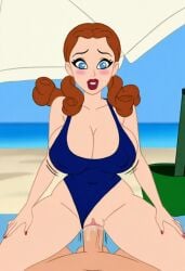 ai_generated big_breasts big_penis blue_eyes brown_hair cleavage dorothy_gale looking_at_viewer one-piece_swimsuit penis penis_in_pussy smiling solo standing the_wizard_of_oz twintails vaginal_penetration