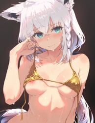 almost_naked animal_ear_fluff animal_ears aqua_eyes barichieiro bikini black_ribbon blush braid breasts closed_mouth crossed_bangs double-parted_bangs exposed_nipples extra_ears female female_only fox_ears fox_girl fox_tail gold_bikini hair_between_eyes hair_ribbon hand_on_head highres hololive linea_alba long_hair looking_at_viewer low_ponytail medium_breasts nipple_slip nipples ponytail ribbon shirakami_fubuki side_braid simple_background single_braid solo solo_female solo_focus straight-on strap_lift string_bikini sweat sweatdrop swimsuit tail untied_bikini_top upper_body virtual_youtuber white_hair