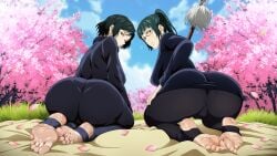 2girls big_ass feet foot_fetish footcroft green_hair jujutsu_kaisen looking_at_viewer soles zenin_mai zenin_maki