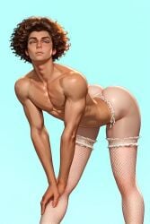 ai_generated ass bent_over big_ass big_butt blue_background boy brown_hair bubble_ass bubble_butt collarbone fishnet_legwear fishnet_stockings fishnet_thighhighs fishnets frilled_legwear frilled_panties frills gay hands_on_knees hazel_eyes lace lace-trimmed_legwear lace-trimmed_panties lace-trimmed_thighhighs lace_trim leaning_forward lips looking_at_viewer male panties plump_ass round_ass round_butt simple_background solo stockings tagme tallcallipygian tcallipygian thick_thighs thigh_highs thighhighs thighs thong underwear video white_panties white_thighhighs white_thong