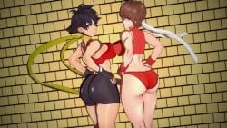 2girls 3d asian asian_female ass bandana battlehungryoni big_breasts black_hair breasts brown_eyes brown_hair bubble_butt busty capcom female female_focus female_only hourglass_figure japanese karate large_breasts makoto_(street_fighter) pinup pinup_pose pose posing rear_view sakura_kasugano scarf short_hair sportswear street_fighter tagme wide_hips