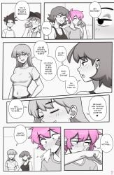 2girls 3boys black_hair blush breasts crop_top dross ear_piercing earrings english_text femboy freckles monochrome navel pink_hair spiky_hair spit text text_box