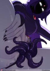 anus artist_name black_leotard black_thong breasts cape chrysalisdraws clitoris colored_pussy colored_skin covered_nipples dc_comics female fingernails forehead_jewel from_below gem glowing glowing_eyes grey_skin hand_on_own_thigh highleg highres image_sample knees_out_of_frame large_breasts leotard looking_at_viewer patreon_logo patreon_sample patreon_username purple_cape purple_hair purple_hood pussy_juice pussy_tentacle raven_(dc) red_gemstone shade shaded_face sharp_fingernails short_hair simple_background sleeved_leotard solo spread_pussy spreading_own_pussy tentacle thighs uncensored white_background white_eyes