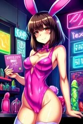 1girl 1girls ai_generated blush blush_lines blushing blushing_at_viewer blushing_female bunny_costume bunny_ears bunny_girl bunny_tail chara chara_(undertale) chara_lover chara_lover(artist) dildo female female_chara female_focus female_only light-skinned_female light_skin looking_at_viewer neon neon_lights pussy_visible_through_clothes red_eyes sex_shop sex_toy short_hair solo solo_female solo_focus tail thighhighs undertale undertale_(series) vibrator white_skin white_thighhighs