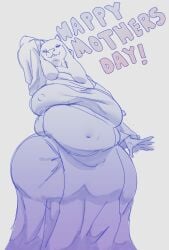 absurd_res anthro belly big_belly big_breasts bovid breasts caprine clothing exclamation_point female goat half-closed_eyes hand_behind_head hi_res holidays horn looking_at_viewer mammal mother's_day narrowed_eyes navel nipple_outline overweight overweight_anthro overweight_female rblxeevee robe simple_background smile smirk solo tall text thick_thighs toriel undertale_(series) white_background