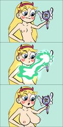 1girls :3 blue_background blue_eyes blush breast_expansion comic female happy headband heart_cheeks huge_breasts long_hair magic magic_wand magical_girl navel nipples nude_female panels royal_magic_wand skinny small_breasts solo star_butterfly star_vs_the_forces_of_evil surprised vicsagod wand