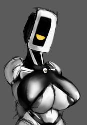 breasts female glados glados_(humanoid) greyscale large_breasts no_mouth open_shirt polygonalfish portal_(series) robot robot_girl solo solo_female