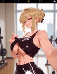 1girls abs ai_generated balecxi bangs bare_shoulders black_clothes black_pants black_sports_bra black_underwear blonde_hair blush bra braid braided_bun breasts clavicle cleavage closed_mouth clothes_lift clothing crop_top curvaceous curvaceous_female curvaceous_figure curvy curvy_figure earrings evelyn_chevalier fake_phone_screenshot female female_focus female_only fingernails french_braid gym gym_clothes gym_uniform hair_bun hair_ornament hair_ribbon hoyoverse indoors inviting inviting_to_sex jewelry large_breasts lifted_by_self lips looking_at_viewer makeup midriff muscles muscular muscular_female navel pants presenting presenting_breasts presenting_self purple_eyes reaching_towards_viewer ribbon seductive seductive_look seductive_smile selfie shirt shirt_lift shorts sidelocks single_hair_bun smile solo sports_bra sportswear standing stomach sweat tank_top thighs toned underboob underwear voluptuous voluptuous_female window zenless_zone_zero