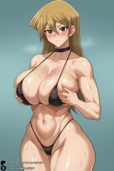 1girls abs ai_generated alexis_rhodes bangs bikini black_bikini blonde_hair blush breasts brown_eyes choker cleavage collarbone cowboy_shot female gradient gradient_background hair_between_eyes highleg highleg_bikini large_breasts long_hair looking_at_viewer micro_bikini muscular navel parted_lips shiny solo sweat swimsuit tenjouin_asuka thick_thighs thighs unjobdespiert yu-gi-oh! yu-gi-oh!_gx