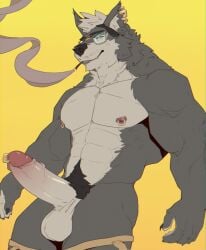 1boy 2d abs anthro balls big_balls big_penis blue_eyes bottomwear bottomwear_down canid canine canis cigarette cigarette_in_mouth cigarette_smoke clothing digital_drawing_(artwork) digital_media digital_media_(artwork) ear_piercing ear_ring erection eyewear fur furry genital_piercing genitals glasses grey_body grey_fur hair hi_res humanoid_genitalia humanoid_penis looking_at_viewer male male_only mammal mr_nellory muscular muscular_anthro muscular_male nipple_piercing nipple_ring nipples nude nude_anthro nude_male object_in_mouth pants pants_down pecs penis penis_piercing piercing pubes ring_piercing short_hair simple_background smile smiling_at_viewer smoke smoking smoking_cigarette solo vein veiny_penis wearing_glasses wolf yellow_background