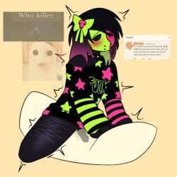 1boy blush bow cherubskullic forsaken_(roblox) gaycherub humping_pillow jason_(forsaken) jason_voorhees male mask no_pants off_shoulder paws pillow pillow_humping roblox roblox_game robloxian rubbing_penis scars_on_thighs scenecore scenecore_jason_(forsaken) self_upload small_penis spiked_collar striped_clothing tagme