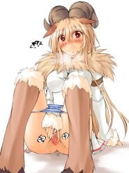 !? animal_ears baphomet_(ragnarok_online) blonde_hair blue_panties blush breasts brown_horns censored closed_mouth commentary_request dress female full_body fur-trimmed_sleeves fur_collar fur_trim genderswap_(mtf) goat_ears goat_girl goat_horns hair_between_eyes hooves horns humanization kaminagi_(kaminagi-tei) large_breasts long_hair long_sleeves looking_at_viewer mosaic_censoring nose_blush panties panty_pull pleated_dress pussy pussy_juice ragnarok_online red_eyes rule_63 short_dress simple_background solo spread_pussy spreading_own_pussy striped_clothes striped_panties underwear white_background white_dress white_panties