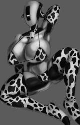 bikini cow_ears cowbell cowprint_bikini glados glados_(humanoid) greyscale large_breasts no_background no_mouth polygonalfish portal_(series) robot robot_girl solo solo_female