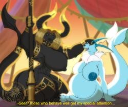 anthro artist_name balls big_breasts bovid bovine breasts danadriel duo eeveelution female generation_1_pokemon genitals gynomorph hi_res intersex intersex/female mammal muscular muscular_anthro nintendo nipples penis pokemon pokemon_(species) pregnant staff text vaporeon
