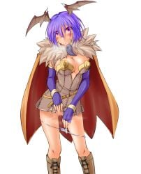 :< alchemist_(ragnarok_online) blush boots breasts brown_boots brown_cape brown_dress brown_wings cape censored cleavage closed_mouth clothes_lift commentary_request contrapposto demon_wings dress dress_lift elbow_gloves feet_out_of_frame female fingerless_gloves fur_collar gloves hair_between_eyes head_wings highres kaminagi_(kaminagi-tei) large_breasts lifting_own_clothes long_bangs looking_at_viewer mosaic_censoring panties panty_pull pink_eyes purple_gloves purple_hair pussy pussy_juice pussy_juice_trail ragnarok_online short_dress short_hair simple_background solo strapless strapless_dress underwear white_background white_panties wings