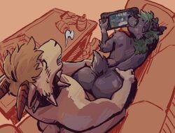 aliasing anal anthro ass auri_(riverence) balatro black_sclera blep bored bovid breath brown_hair butt_grab caprine collar colored digital_drawing_(artwork) digital_media_(artwork) distracted distracted_sex duo ear_piercing fur furniture furvidd gaming_while_penetrated goat green_hair hair hand_on_butt hi_res horn hyena male male/male male_penetrating mammal notched_ear nude penetration piercing sex shaded sofa sofa_sex spiked_collar spikes spotted_hyena steam_deck tail tongue tongue_out