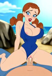 ai_generated big_breasts big_penis blue_eyes brown_hair cleavage dorothy_gale looking_at_viewer one-piece_swimsuit penis penis_in_pussy smiling solo standing the_wizard_of_oz twintails vaginal_penetration