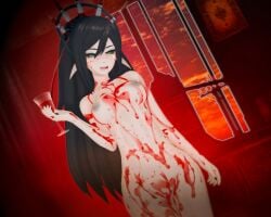 black_hair blood_in_wine_glass blood_on_face female green_eyes jungee layna_lazar nude_female solo_female virtual_youtuber