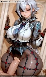 ai_generated black_gloves breasts clothed_female_nude_male cuckingmama erection female gloves grinding hair_between_eyes large_breasts large_penis lips looking_at_viewer nail_polish penis pussy red_eyes short_hair silver_hair solo_focus straight tagme testicles thick_thighs thighs torn_clothes torn_legwear veins veiny_penis