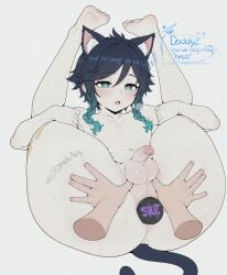 2boys ai_assisted ai_generated anal anal_object_insertion androgynous animal_ears anus ass bangs barefoot black_hair blue_hair blush braid cat_ears cat_tail disembodied_limb english_text feminine_male genshin_impact gradient_hair green_eyes heart heart-shaped_pupils looking_at_viewer male male_focus multicolored_hair multiple_boys navel nipples nude object_insertion on_back open_mouth otoko_no_ko penis sex_toy simple_background small_penis solo_focus sondu sweat symbol-shaped_pupils tail testicles trap twin_braids twink venti_(genshin_impact) white_background yaoi