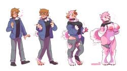 2020 anthro areola artist_name big_breasts biped blush bottomwear breasts canid canine canis chest_tuft clothed clothing collar colored curled_tail domestic_dog female fur gender_transformation genitals green_eyes hhazard hi_res human human_to_anthro husky jacket mammal mtf_crossgender nipples nordic_sled_dog nude pants pawpads pink_body pink_fur puffy_nipples pussy rule_63 sequence shirt simple_background solo species_transformation spitz standing tail text tongue tongue_out topwear torn_clothing transformation tuft white_background white_body white_fur