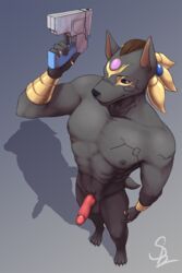 2:3 accessory anthro anubian_jackal canid canine canis furry_only genitals gold_(metal) gold_jewelry gun hi_res jackal jewelry looking_at_viewer male male/male mammal nude penis ranged_weapon siamkhan solo standing weapon