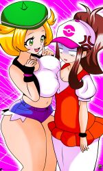 2girls bianca_(pokemon) big_breasts fanart female hilda_(pokemon) lucky-jj nintendo pokemon pokemon_bw simple_background