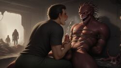 2boys ai_generated alien alien/human alien_boy alien_genitalia alien_humanoid balls clothing cum dominant dominant_male dominated forced forced_orgasm gay gay_domination gay_male handjob human human_on_anthro humanoid humanoid_genitalia humanoid_penis male male/male male_only masturbation monster monster_boy monster_cock mutant penis raped raped_by_enemy red_body red_penis red_skin sitting submissive submissive_anthro submissive_male teeth teratophilia testicles tied_arms tied_hands tied_up yaoi