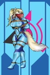 alien angry anthro blonde_hair bodysuit bondage bondage bound canid canine cloth clothing corsac_fox female fox fox_samus_aran fur gag gagged hair hi_res lovemummification mammal metroid metroid_(species) muscular muscular_female nintendo otn_gag ponytail rope samus_aran skinsuit solo suit tight_clothing true_fox zero_suit