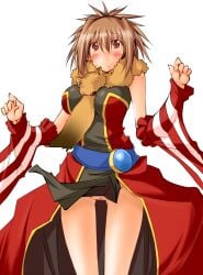 animal_around_neck belt black_dress blue_belt blush breasts brown_eyes brown_hair censored closed_mouth clothes_lift clothing cowboy_shot detached_sleeves dress expressionless female fox gold_trim hands_up kaminagi_(kaminagi-tei) large_breasts looking_at_viewer medium_breasts medium_hair mosaic_censoring no_panties pelvic_curtain pelvic_curtain_lift professor_(ragnarok_online) pussy ragnarok_online red_dress red_sleeves simple_background sleeveless sleeveless_dress solo striped_sleeves two-tone_dress white_background white_sleeves