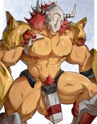 anthro bandai_namco big_penis bodily_fluids chung0_0 digimon digimon_(species) genitals hi_res humanoid_genitalia humanoid_penis male muscular muscular_anthro muscular_male penis pubes solo sweat sweatdrop wargreymon