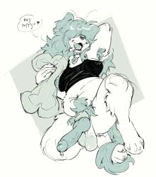 anthro armpit_tuft black_clothing bodily_fluids canid canine canis clothing collar domestic_dog fangs fluffy genital_fluids genitals grubgillian_(artist) gynomorph hair hair_over_eye hi_res holding_object intersex knot knotted_penis leaking_precum mammal nipple_outline nipples peeking_nipple penis pose precum presenting presenting_penis pubes simple_background smile smiling_at_viewer solo speech_bubble teal_hair teeth white_body