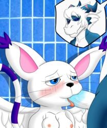 angelgatomon_(angelkitty) angeltailmon_(angelkitty) blowjob blue_body breasts digimon digimon_(species) dragon duo feline fellatio female furry gatomon hair magnamon male penis straight sveemon tailmon white_body white_hair